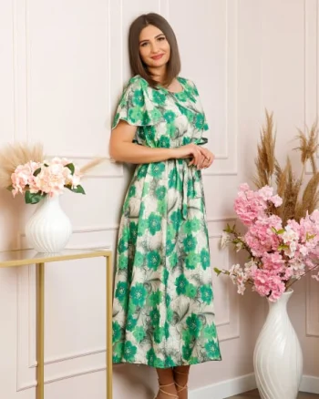 Rochie eleganta Fiorella cu imprimeuri florale - Verde cu gri