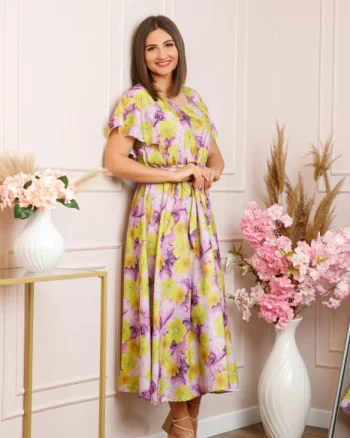 Rochie eleganta Fiorella cu imprimeuri florale - Galben cu mov