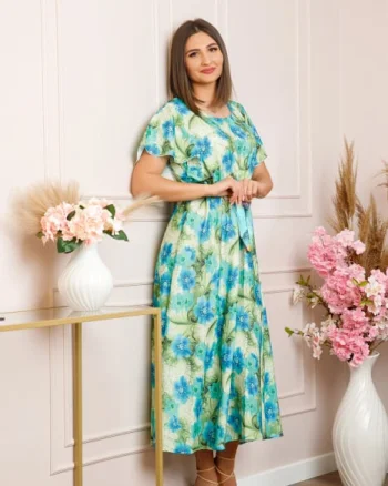 Rochie eleganta Fiorella cu imprimeuri florale - Turcoaz cu verde
