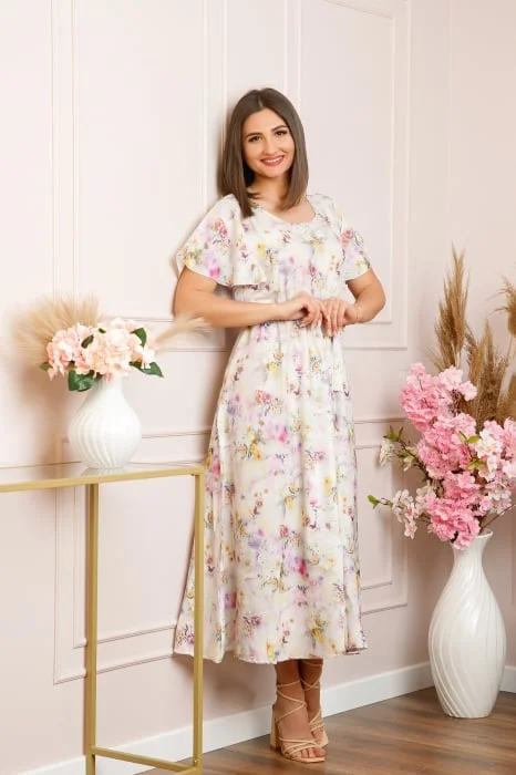 Rochie eleganta Fiorella cu imprimeuri florale - Alb cu roz