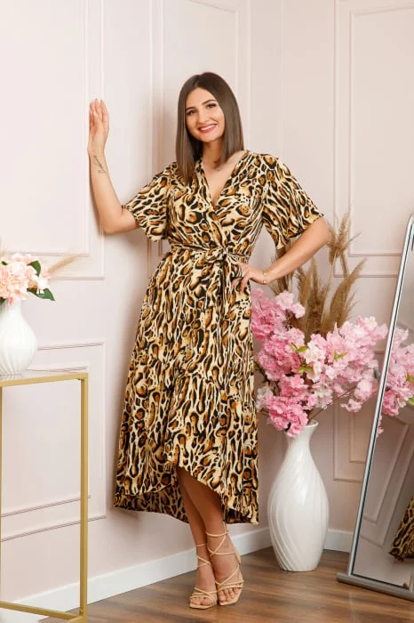 Rochie Victoria petrecuta cu croi asimetric - Leopard Amber