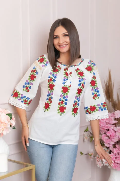 Ie traditionala alba cu motiv floral rosu Sabrina