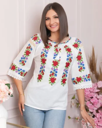 Ie traditionala alba cu motiv floral rosu Sabrina
