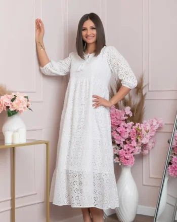 Rochie traditionala alba cu model perforat Bianca 02