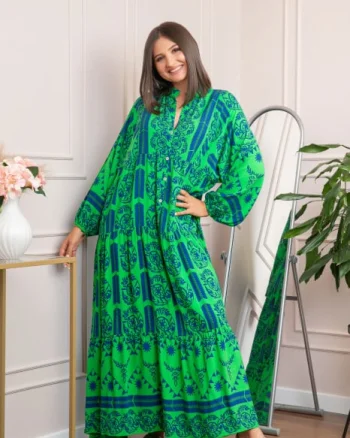 Rochie boho chic Daphne cu imprimeu verde floral