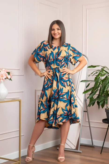 Rochie eleganta Olive cu imprimeu exotic turcoaz