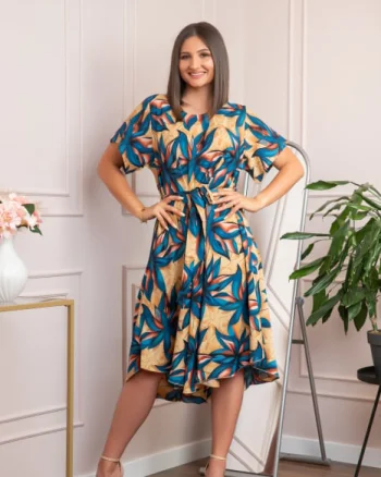 Rochie eleganta Olive cu imprimeu exotic turcoaz