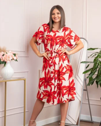Rochie eleganta Olive cu imprimeu exotic rosu