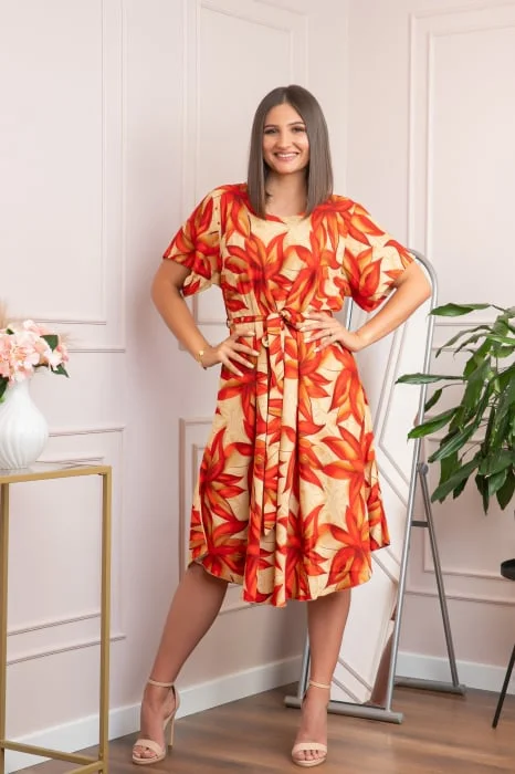 Rochie eleganta Olive cu imprimeu exotic orange