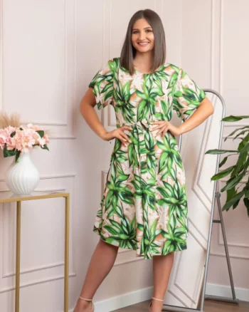 Rochie eleganta Olive cu imprimeu exotic verde crud