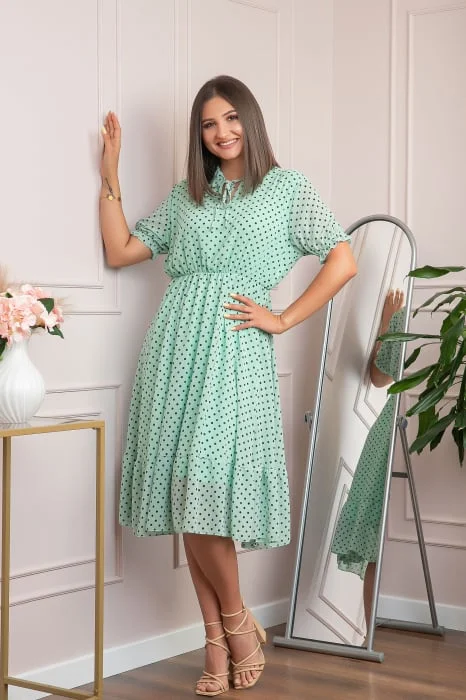 Rochie retro turcoaz Brenda cu buline si maneci bufante