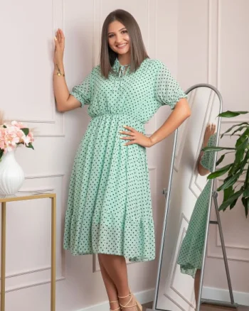 Rochie retro turcoaz Brenda cu buline si maneci bufante