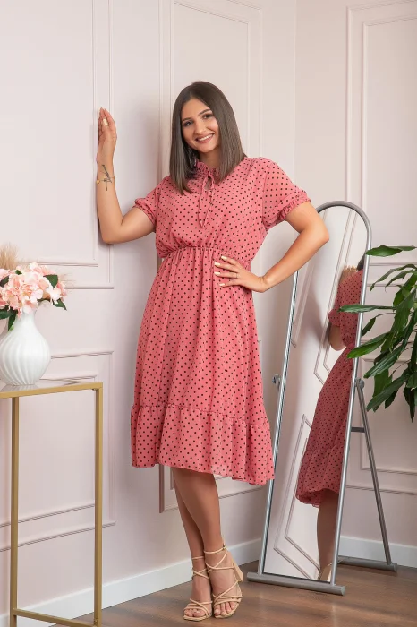 Rochie retro roz Brenda cu buline si maneci bufante