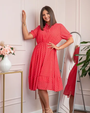 Rochie retro rosie Brenda cu buline si maneci bufante