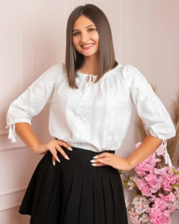 Ie traditionala alba cu motiv floral alb Aurelia 04