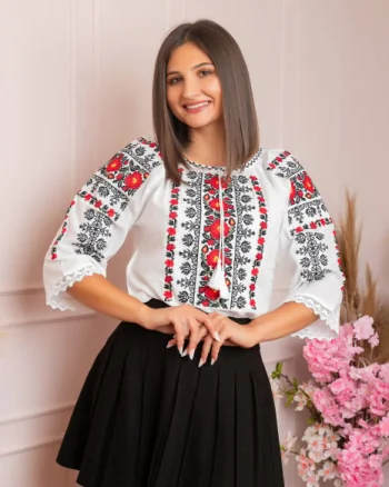 Ie traditionala alba cu motiv floral rosu Adriela 02