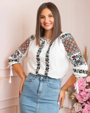 Ie traditionala alba cu motiv floral multicolor Georgeta