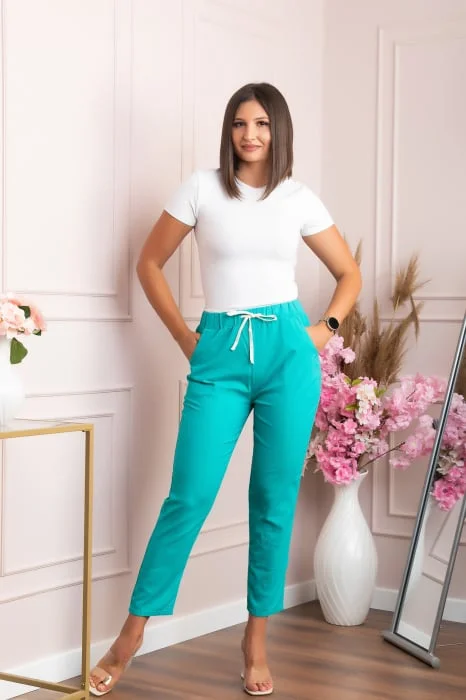 Pantaloni conici Tessa din bumbac cu snur in talie - Turcoaz