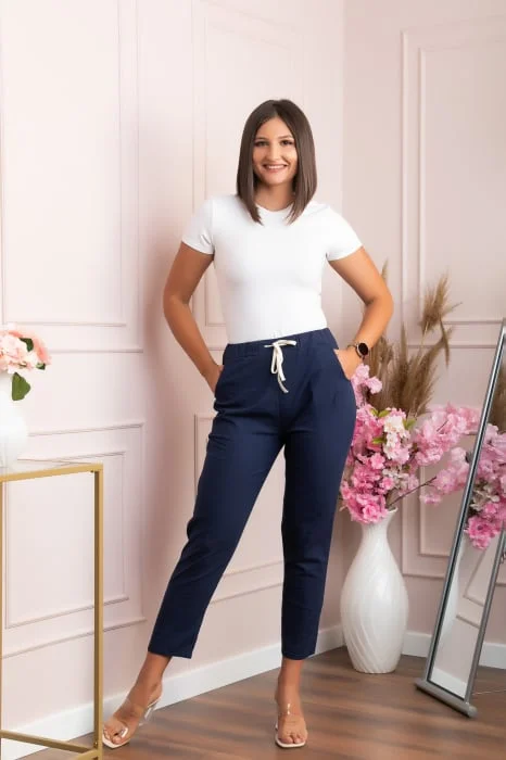 Pantaloni conici Tessa din bumbac cu snur in talie - Bleumarin