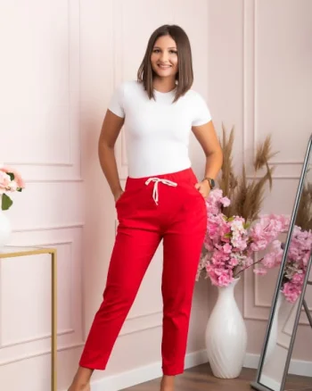 Pantaloni conici Tessa din bumbac cu snur in talie - Rosu