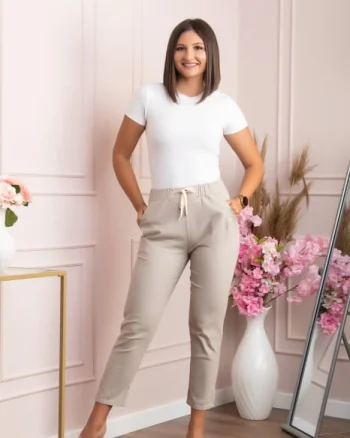 Pantaloni conici Tessa din bumbac cu snur in talie - Crem