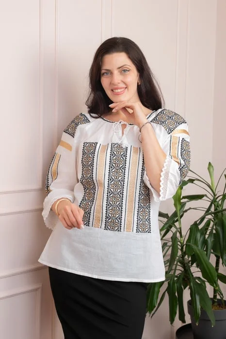 Bluza tip ie alba cu motiv geometric auriu Draga 02