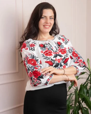 Bluza tip ie alba cu motiv floral rosu Gianina