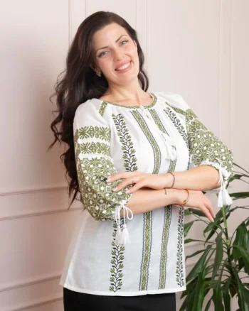 Bluza tip ie alba cu motiv floral verde Isidora