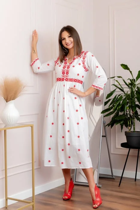 Rochie alba cu motiv floral rosu Monica
