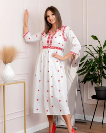 Rochie alba cu motiv floral rosu Monica