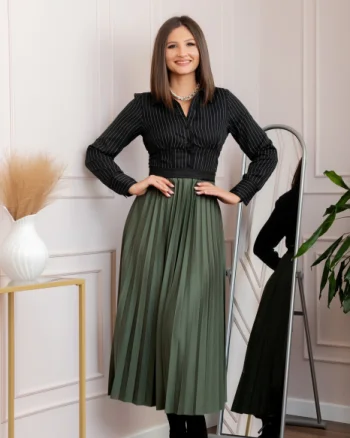 Fusta plisata eleganta Jacqueline cu elastic in talie - Kaki