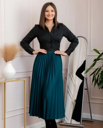 Fusta plisata eleganta Jacqueline cu elastic in talie - Turcoaz