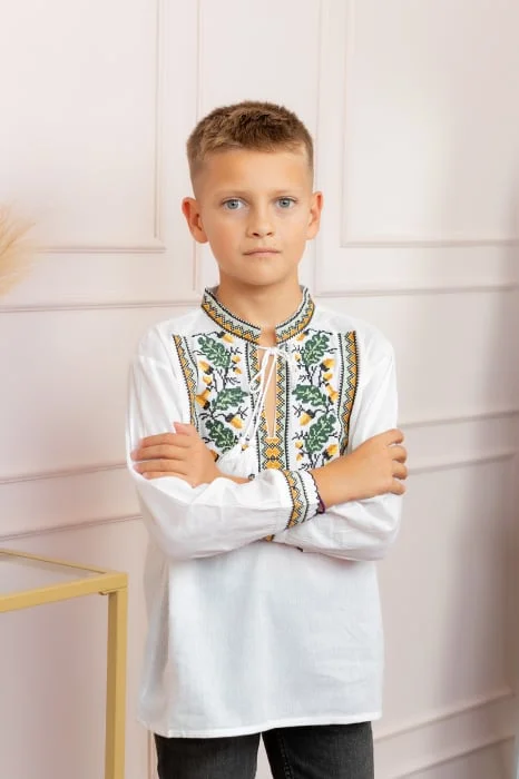 Camasa traditionala de baieti alba cu motiv floral verde Dominic 05