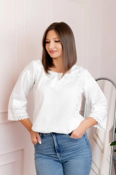 Bluza tip ie alba cu motiv floral alb Angelica