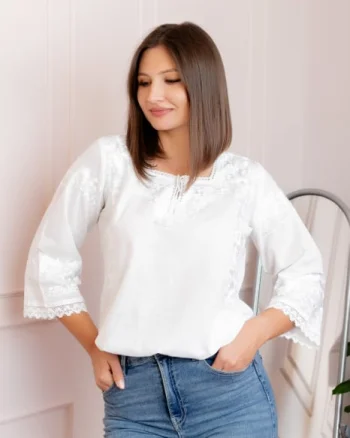 Bluza tip ie alba cu motiv floral alb Angelica
