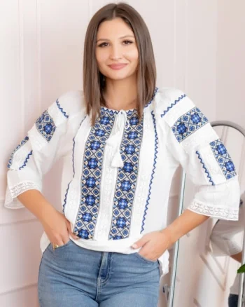 Bluza tip ie alba cu broderie geometrica albastra Irene