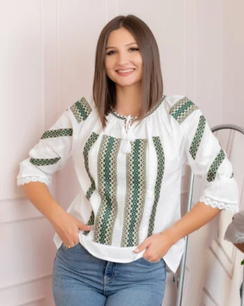 Bluza tip ie alba cu motiv geometric verde Gloria 01