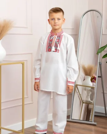 Compleu traditional alb pentru baieti cu motiv floral rosu Robert 02