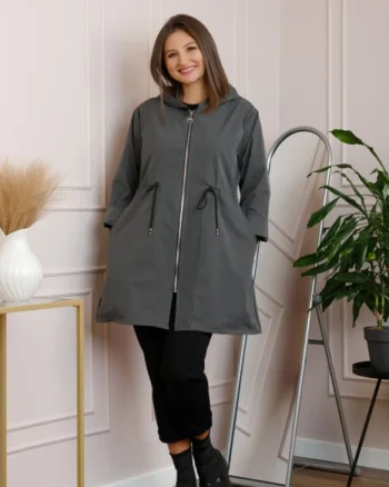 Pardesiu casual gri antracit cu talie ajustabila si gluga