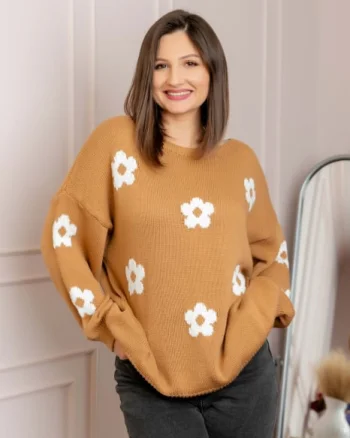 Pulover lejer April din tricot cu floricele - Camel
