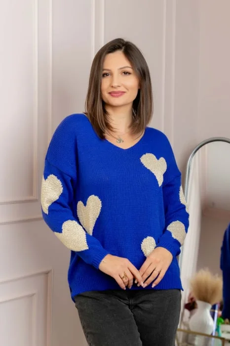 Pulover Carina albastru cu inimioare si decolteu in V