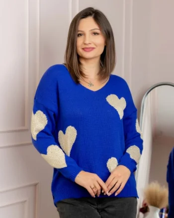 Pulover Carina albastru cu inimioare si decolteu in V