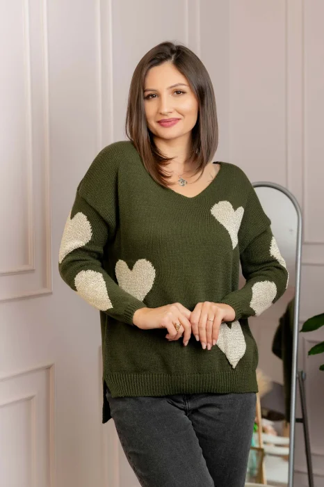 Pulover Carina kaki cu inimioare si decolteu in V