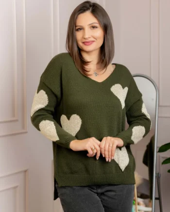 Pulover Carina kaki cu inimioare si decolteu in V