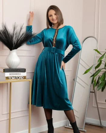 Rochie din catifea Layla cu centura in talie si detaliu boho-floral - Turcoaz