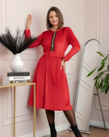 Rochie din catifea Layla cu centura in talie si detaliu boho-floral - Rosu