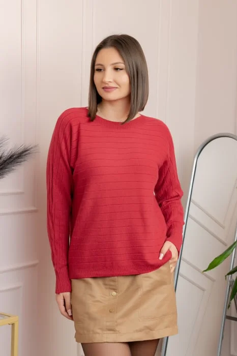 Pulover tricotat Lindsey cu dungi fine - Rosu