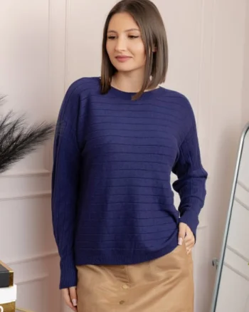 Pulover tricotat Lindsey cu dungi fine - Bleumarin