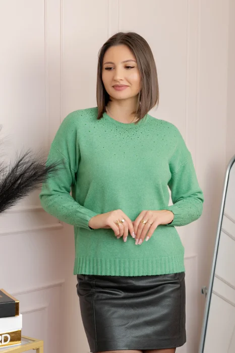 Pulover tricotat cu strasuri Elizabeth - Verde