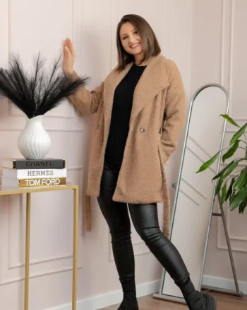 Palton scurt din stofa boucle cu cordon Danielle - Camel